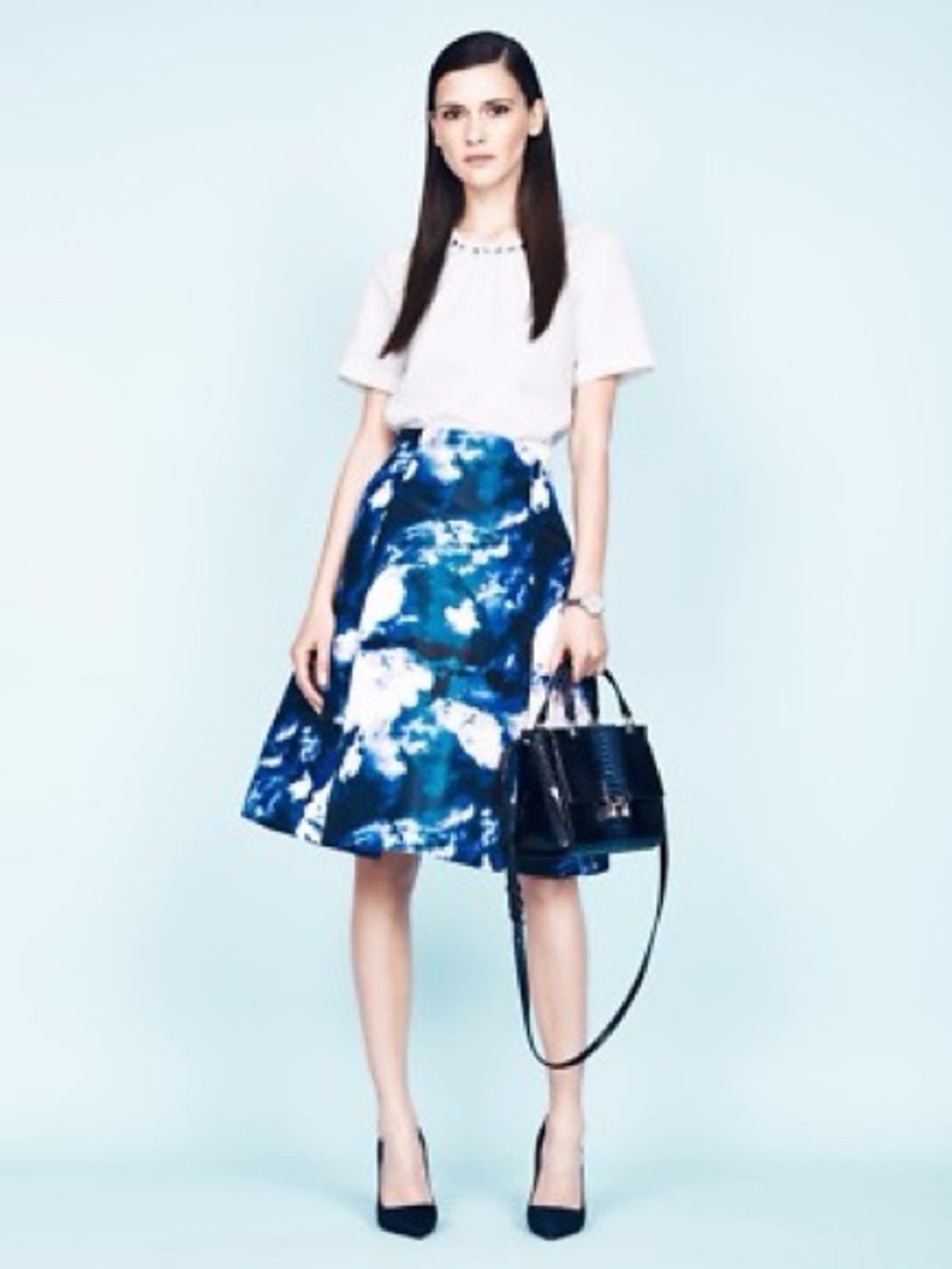 kate spade Navy & White Cloud-Print A-Line Midi Skirt | W-12”  | L- 24”